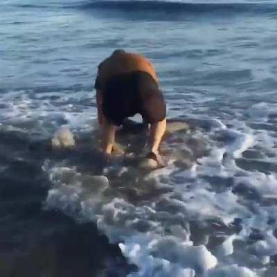 Big guy pushes little guy back in after high winds pushed little guy on shore.