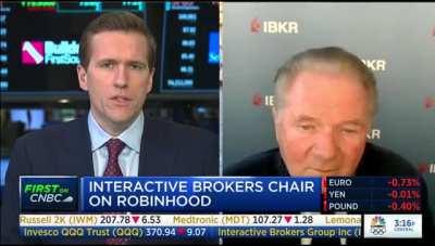 CNBC Interview with Thomas Peterffy of Interactive Brokers. They speak about options volume being high but do not name names directly. They also speak about People Migrating between brokers.