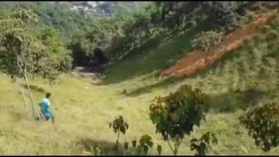 guy in a tire rolls down a hill