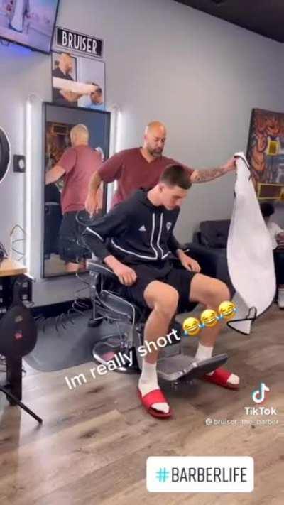 When you get to cut the tallest teenager in the world's hair! Olivier Rioux NEVER disappoints when he is on camera! Last time I checked, he's either 7'5