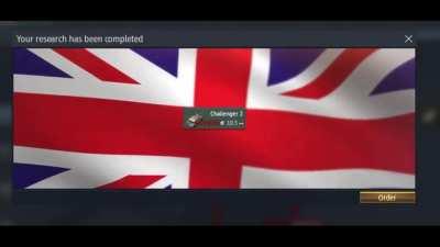 Gaijin Please, Quality of Life Improvement; When player reaches the end of the line in a tech tree (top tier), depending with the nation, they would get a special popup along with background music. Here's an illustration of getting Challenger 2. (video fo
