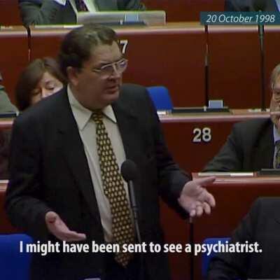 A 1998 speech at the EU parliament of John Hume, Nobel Peace Prize laureate 1998 and member of the European Parliament 1979-2004, who recently passed away