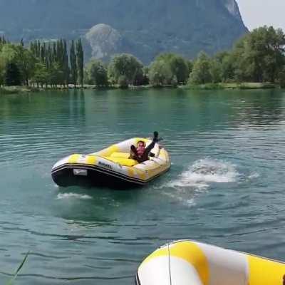 Technique for flipping an overturned raft without getting wet
