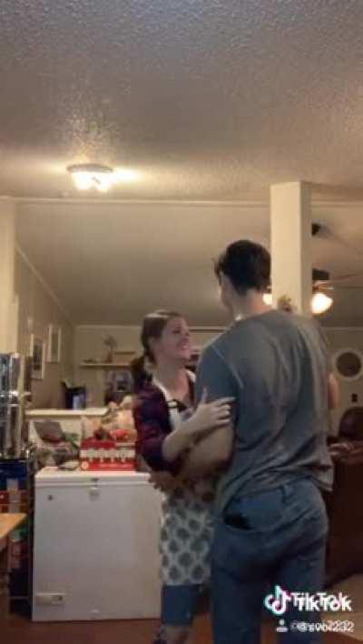 Getting her teen son to dance with her