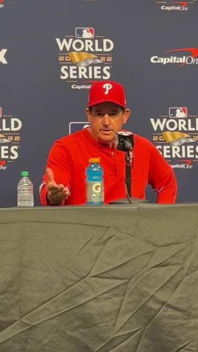 [Highlight] Rob Thomson on if they knew Framber Valdez was rubbing his hand throughout the game tonight: “Yeah, we did…I know it’s all over twitter…these guys get checked almost every inning, if there’s something going on MLB will take care of it.”