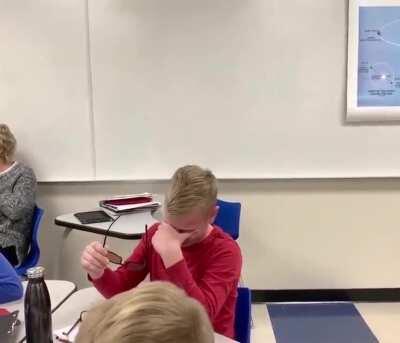 They were studying colour... the headmaster brought in some glasses that allowed this pupil to see colours for the very first time <Via r/MadeMeSmile>