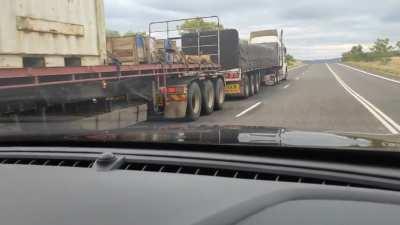 Overtaking a RoadTrain. Outback Queensland, Australia. 74 Wheels.