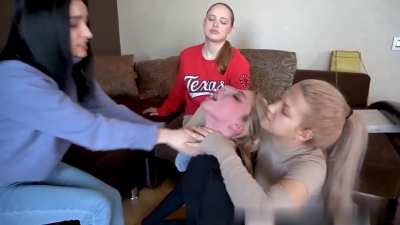 Slave Astra being slapped, choked, spat in mouth and whipped by her Dominas Kira, Dominique and Isabella.