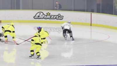 What the hell do I even do about this. This dude michigans, flips it, teleports back to his stick, then it bounces in the net.