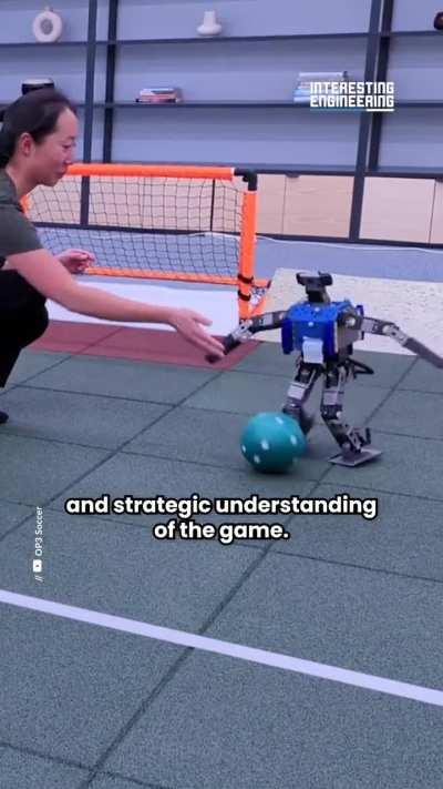 Miniature humanoid robots master a simplified soccer game using Deep Reinforcement Learning, showcasing surprising agility, quick fall recovery, and strategic understanding of the game.