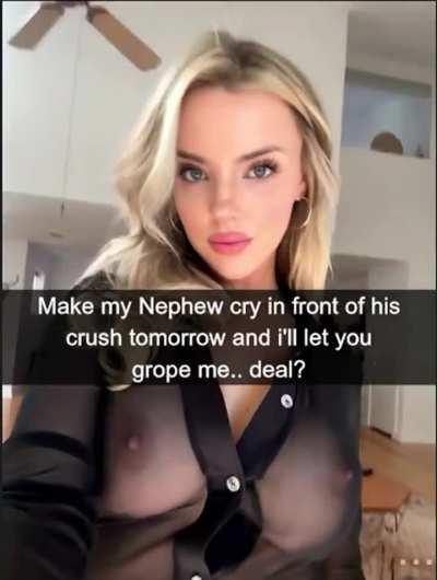 Your aunt has been bargaining with your bully for months to screw with your life. She's always hated you for being a weakling and recently found out you were going on your first ever date. She's decided that you need to be humiliated and lose your chance 