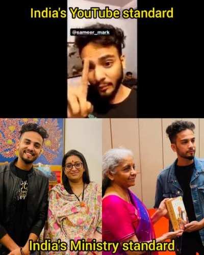 India's Women & Child development minister & Finance Minister. Joke of India's Ministry stature. (Mera Desh badal rha hai.. plays in background)