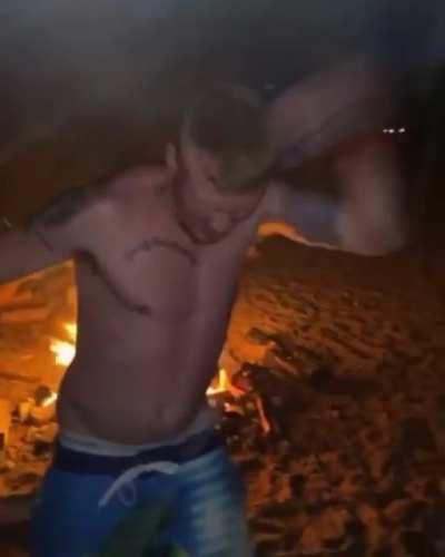 To crush beer can on head.