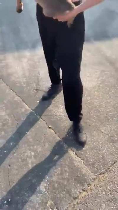 Possibly deranged woman harasses man and throws puppy at him.