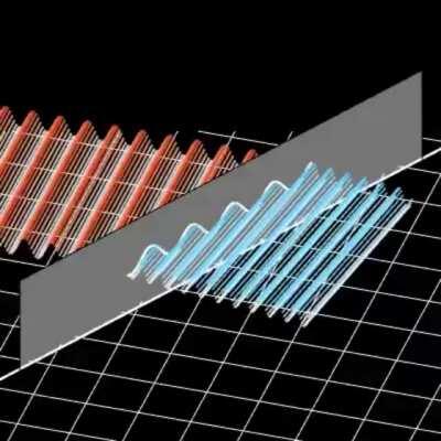 An illustration of refraction. When a wave changes its speed and wavelength at a boundary, it must change its direction so that the amplitudes match up at the boundary