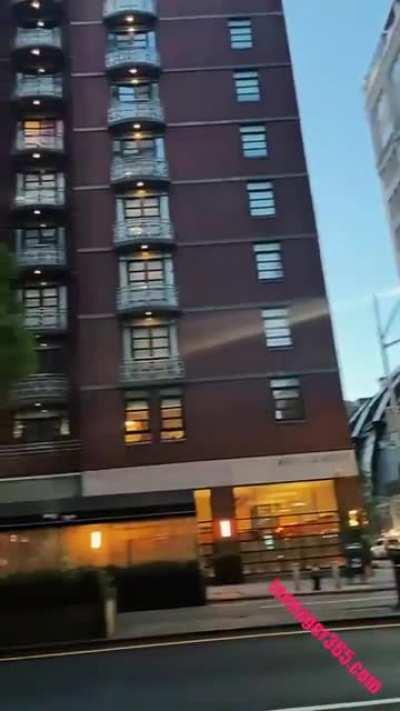 Violet peeing at the bus stop