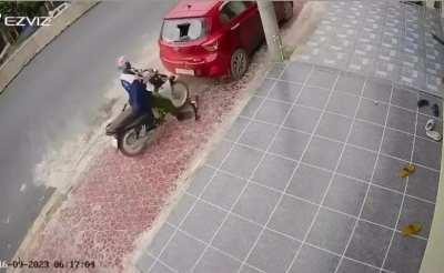 Some people are very unlucky: that car just appeared out of nowhere and got in the motorcyclist's way.