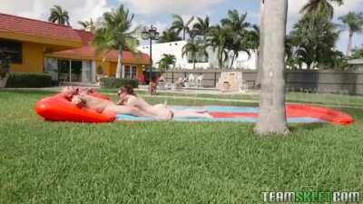 Slippin' and sliding into a blowjob.