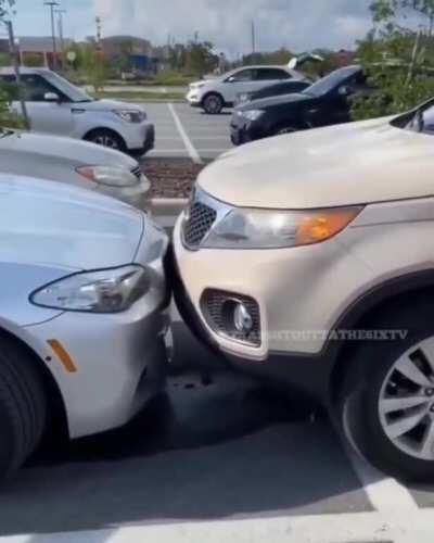 Karen tries to justify hitting a parked car