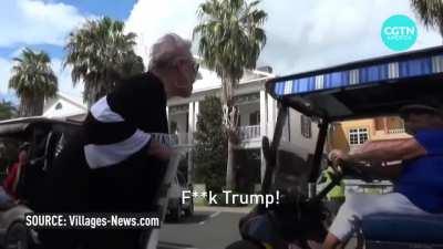 Florida's Senior Citizens in 'The Villages' - Lady: F*** Trump. Lady in golf cart: Nasty language. Lady: Oh listen to your president if you want nasty language you idiot.