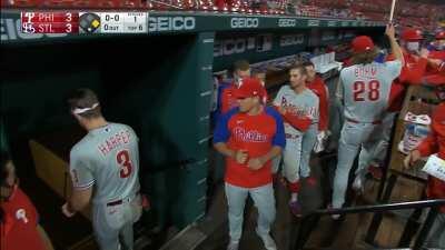 Bryce Harper is hit in the face with a 97 mph fastball from Genesis Cabrera. Leaves the game.