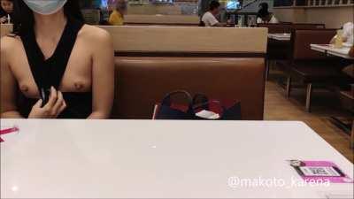 Flashing my small tits and taking off my shirt in a busy restaurant