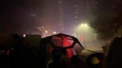 Portland protests day 55. Protesters are now equipped with helmets, full face masks, goggles, shields, umbrellas, and leaf blowers.