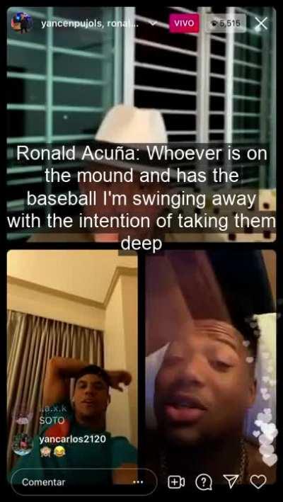 [Highlight] Juan Soto and Ronald Acuña Jr. on an Instagram live roasting each other, talking about who pimps more, whether they would swing on a 3-0 count and almost won game with a lot of runs and also praising each other