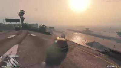 Driving off the highway and landing on the back of a truck as requested