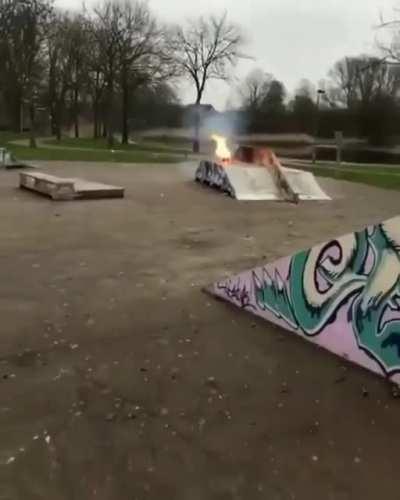 Setting off a bottle explosion in a skate park and getting some fiery karma