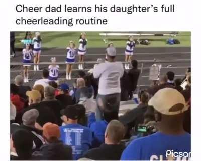 Chad dad learns and performs his daughters cheer routine.