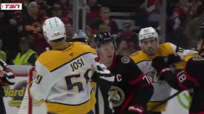 The play that injured Brady Tkachuk. Josi received 2 minutes for cross-checking on the play.