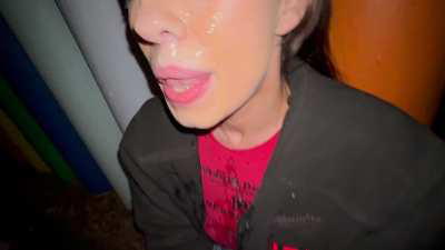 little slut takes a facial at the park