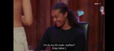 Contender flashing boobs on Norwegian state tv, asking panel if they want milk in their coffee