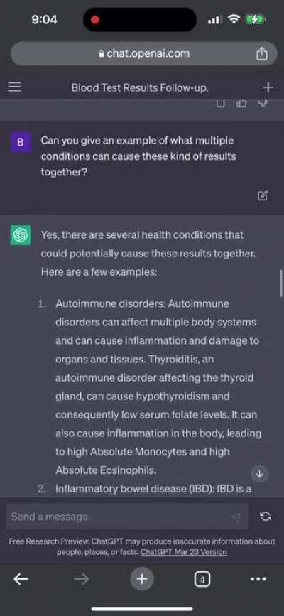 ChatGPT interprets bloodwork and gives possible conditions and outcomes plus recommendations