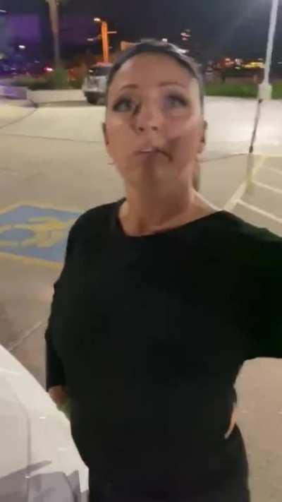 Racist lady blocking a person picking up their friend from protests because cops were blocking their cars