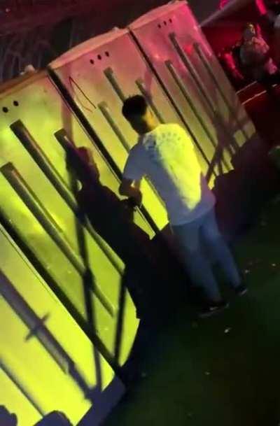 This poor guy is just trying to get to the toilet