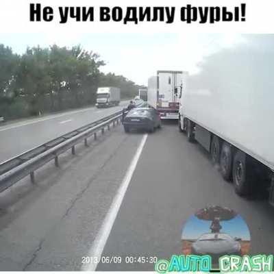 Guy keeps brake checking a semi, truckers friends come for help and present the guy his prize