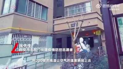 anti Covid team using a flamethrower to disinfect quarantined areas