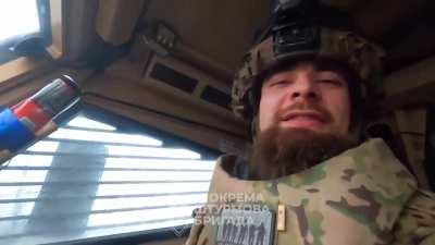 Ukrainian soldiers of the 1st mechanized battalion of the 3rd OShBr celebrating after shooting down a Russian drone with small arms fire, Avdiivka