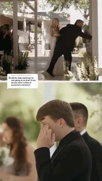 Father grabs her step dad to walk the bride together at her wedding ceremony.