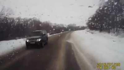 Russia. Lada driver had no injuries. Crash at 0:35.