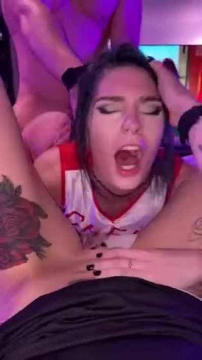 Pounding our cheerleader friend