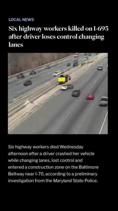 [USA] Video shows a vehicle colliding with another while attempting to change lanes in a construction zone. Resulted in the death of at least 6 construction workers who were struck. (Injuries not directly shown)
