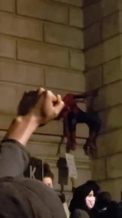 Spidey at Manhattan bridge protest
