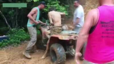 idiots dying. redneck gifs. The four wheeler tried like hell, but Cooter was just too fast.