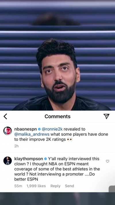 Klay Thompson ￼: “Y’all really interviewed this clown ? I thought NBA on ESPN meant coverage of some of the best athletes in the world ? Not interviewing a promoter ….Do better ESPN”