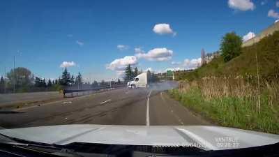 Bold maneuver for a box truck after missing their exit... Happened today after coming back from Crystal Mountain (date on camera is off).