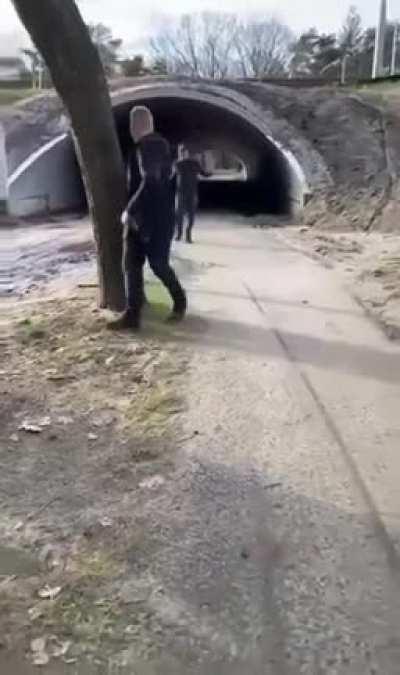 Fireworks in a tunnel/bridge.