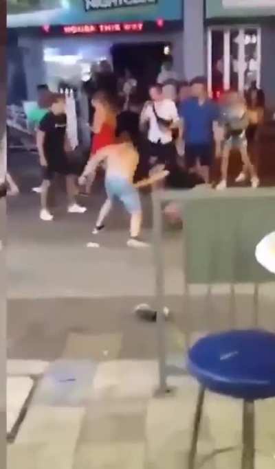 A bare-chested MMA fighter knocked out two boozers 